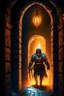 Placeholder: A frightening castle dungeon hallway with an evil knight warrior in rusty chainmail holding a burning torch painterly rpg art