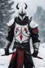 Placeholder: The character, depicted in a striking white armour against a wintry backdrop stands with his hands behind his back inside the scene, he has a red and black circular symbol on his chest like a shield, a black pointed spear with a red handle on his back, His eyes are showing a dynamic expression and he wears a black oni mask with white teeth covering the bottom part of his mouth he has brown shoulder pads and a white karate belt with a bag attached to it. He has dark brown hair. He has no helmet.