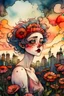 Placeholder: Adult woman, with (red eyes:1.7) wearing tank top with a crown of flowers, looking at the sky, city, surrounded by daisies and poppies, skyline, sunset colors, watercolor, ink, summer clouds, big rosy lips, rosy cheeks, vines, art by tim burton and MSchiffer, UHD wallpaper