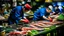 Placeholder: Professional chefs cleaning and cutting fresh seafood at Tsukiji Fish Market in Tokyo, Japan. The photo should capture the busy atmosphere of the market, with colorful arrays of seafood, knives, and cutting boards prominently featured. The composition should be balanced and aesthetically pleasing, with an emphasis on natural light and vivid colors.