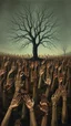Placeholder: a field of thousands of hands of bodies buried in the ground not visible, horror, hands in different shapes coming out from the ground towards the sky , surrounded by a tree without leaves,Busch painting style nightmare