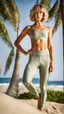 Placeholder: woman in satin yoga leggins, standing towards camera, face towards camera, total body, standing frontal, photographed by rankin, surfer hair, good shape, background palmtrees, medium length wavy bob haircut