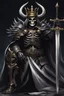 Placeholder: a demonic looking man with a sword in his hand, undead skeleton king, skeleton king, overlord season 4, ainz ooal gown, prince crown of black gears, the king of death, king of time reaper, overlord, lich vecna (d&d), dark and forboding, from overlord, scary knight, large black smile Overlord