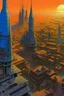 Placeholder: sci-fi/fantasy city seen from a high-floor building by Moebius