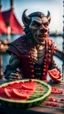 Placeholder: portrait of a vampire werewolf eating watermelon and the blood of fish on a viking ship, on a glass pier ,bokeh like f/0.8, tilt-shift lens 8k, high detail, smooth render, down-light, unreal engine, prize winning