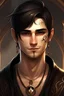 Placeholder: Generie mir einen hyperrealen gutaussehenden männlichen Hexer im Alter von 23 Jahren mit goldbraunen Augen und Runentattoos mit kurzen schwarzem Haar. Er lächelt schelmisch
