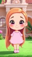 Placeholder: A beautiful, adorable cartoon little girl. Long shiny hair, sparkling eyes (like anime or Disney characters), a small face and delicate nose. A happy, innocent expression with a small smile. Clean design, vibrant and warm colors, modern studio animation style, 4K quality.pretty shoes,standing in a luxury villa yard.