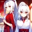 Placeholder: Clear focus, 8k, beautiful lighting, vibrant colors, girl, white hair, long hair, vibrant red eyes, ponytail, same twins, white hair, red eyes, same clothes, miko, hair in between the eyes,