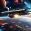 Placeholder: full length picture featuring an advanced and imposing futuristic spaceship warship aircraft carrier , set against a dramatic cosmic planets backdrop with vibrant nebulas and starfields. Enhance the visual impact by including dynamic lighting effects, such as glowing engines or weapon systems, and add smaller spacecrafts engaged in a high-speed chase or battle to convey a sense of action.