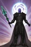 Placeholder: Thanos is the god of power and evil The commander wears a black cloak and a long coat with long combat boots and a long spear with a hat under his cloak with blue flame eyes, a sword like a spear The sun in the palm of a brave man in the middle of the desert