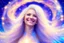 Placeholder: very beautiful cosmic women with white long hair, smiling, with cosmic dress and in the background there is a bautiful sky with stars and light beam