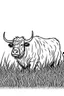 Placeholder: Yak eating grass. centered flat minimalistic black and white high contrast line drawing, coloring book style, {prompt}, (white sky, white clouds, white hair, white objects, white clothing, white fur, white skin, white terrain, white scales, white everything:1.1), blank white background.