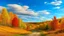 Placeholder: A scenic autumn landscape with a winding dirt road surrounded by vibrant trees in shades of (red, orange, and yellow . The background features rolling hills and a clear blue sky with fluffy white clouds . The overall scene conveys a serene and peaceful atmosphere.