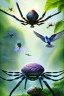 Placeholder: spider fight with exotic pigeon, jungle setting, mystical, dreamlike, Neo-Impressionism, fine detail, high quality,