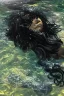 Placeholder: a beautiful woman, long curly black hair,closed eyes,coming from beneath the water,braking the surface with her face just coming out the water,looking up symbolism for breaking free. realistic,8k quality, action close shot from areal view,highly detailed , chaos 80