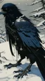 Placeholder: An illustration by Jakuchu and Matisse of a human-like raven adorned in a punk leather jacket within a snowy atmosphere.