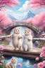 Placeholder: in the center: beautiful chunky cats dancing on a bridge , background: landscape, first plan: pink flowers and a small river with blue water, sky: white clouds with more cats sitting on them, season: winter and snowfall