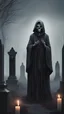 Placeholder: in the center stands a gloomy figure in a robe with a skull instead of a face, around a gloomy cemetery, candles