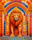 Placeholder: A light rosy orange colored thunder temple with an electrical lion designed in medieval tapestry painted by Victor Vasarely