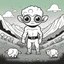 Placeholder: Make black and white cute drawing of a Cyclops with black bold lines. Only outline, no grayscale. A kind and gentle cyclops holding a flower in one hand, with a single large eye that sparkles. Place him in a green valley surrounded by sheep, emphasizing his softer side.