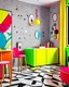 Placeholder: a room, memphis style, scattered, brightly colored shapes and lines, circles and triangles with black-and-white graphic patterns, polka dots and squiggly lines.