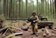 Placeholder: [1960’s stop-motion animation style in woods] a 70s rifle gun advertisement video TV featuring a crazy artist with black goggles brown curly hair and a grayish beard in combat fatigue holding a hunting rifle in front of his international scout automobile as a claymation character toy from a claymation horror movie in burning rainbow land, from hell, creepy Videos, eyeballs and trees everywhere , as old advertisement shot on video VHS