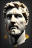 Placeholder: Ultra Realistic image, Roman sculpture bust, clean white marble material, Lionel Messi, gold Laurel leaves wreath, renaissance ornaments, one gold star, blue sky backfiring, chisel style, waist up portrait, emperor style, epic, celestial, cinematic lighting, god light, 4k resolution, smooth details, ornate details, soft lighting, unreal engine 5, art station, substance 3d, art concept.