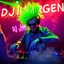 Placeholder: A DJ performing at dance club, his name DJ JüRGEN and looks crazy, crazy green hair with crazy outfit. Neon lights and smog, DJ JüRGEN SIGN ON WALL