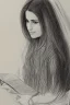 Placeholder: Pencil sketch of Young woman, Arab features,sad, long wavy hair, reading a book, full body، on lined paper