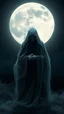 Placeholder: In a mesmerizing and ethereal manner, an otherworldly being emerges in the form of a translucent grey hood statue flowing smoky black robes. Forward facing full moon in the background