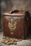 Placeholder: in the BASEMENT there is an old, broken brown oblong leather chest with short handles, with a hole on the side, gold coins from the time of Catherine the Great fall out of it. The ancient coat of arms of tsarist Russia, the double-headed eagle, is BARELY VISIBLE on the bag. All in high quality 8K