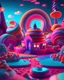 Placeholder: empty foreground, the background is a Candyland, a city made of neon gumdrops and rainbow , constructed from surreal-looking donuts, hyperreal cakes, and crumbs, DOF, it stands like a beacon on a hill, digital illustration with color pops of pinks and reds and blues , bubblegum horror, Unreal Engine 5,trending on Artstation