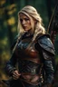 Placeholder: blonde female hunter with a bow wearing leather half armour dark fantasy Realistic 4k