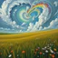 Placeholder: A collaboration between Salvador Dali, Vincent Van Gogh, and Jean Baptiste Monge. Swirling rainbow storm clouds over a vast field of long grass and plentiful flowers swaying in the winds. Modifiers: highly detailed elegant extremely detailed fantasy intricate high detail fantastic view close up ultra detailed