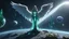 Placeholder: angels with a beautiful face with a wings siting on the monolith made of tiberium crystals of lights, matrix universe, planets on the back grounds, green crystals of tiberium on the life and right