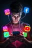 Placeholder: A hyper-realistic conceptual artwork of a young man deeply engrossed in his smartphone, symbolizing social media addiction. Four thick charging cables are connected to his body like life-support tubes, each ending in a glowing block with the logos of Instagram, Facebook, WhatsApp, and YouTube. The Instagram block radiates vibrant purple and orange hues, Facebook in blue, WhatsApp in green, and YouTube in red. The scene is set against a dark, moody background, with dramatic lighting emphasizing t