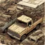 Placeholder: pickup truck, birds eye view, top view, illustration, aged, comic book, post-apocalyspe,