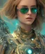 Placeholder: a young woman, BLONDE hair, green eyes, glasses, deep colors, cyberpunk, great pose, Realistic photography, incredibly detailed, ultra-high resolution, 8k, complex 3d render, cinema 4d, anatomically correct, dark backgorund