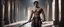 Placeholder: Hyper Realistic shirtless muscular handsome short black hair Indian King holding sword in a huge dark haunted hallway with traditional pillars