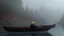 Placeholder: dark robe priest in a rowboat on the misty river