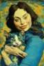 Placeholder: playful brunette woman holding cat by van gogh