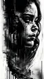 Placeholder: double exposure collage portrait of the craying woman, face of sadness, character design, shadows, building, noise, smog, surreal style, high detail, realistic photo, black pen and ink, intricate detailed black and silver line art, thick black ink on wet paper, dramatic mood, graffiti art, splash art, dark oil gouache melting, gloomy