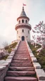 Placeholder: foreground path of a stair to the top of beautiful tower on the hill pink glossy stone pastel, pink stones shades, magnolia branches, blurred background, fantasy world in pastel in light pink tones, beautiful clouds and minimalism fog