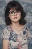 Placeholder: 1980's yearbook photo, Lucy Hale, 1980's clothing and hair styles, 4k UHD, photorealistic, ((big, full, plump, pouty lips:1.5)) black hair, big cat-eye eyeglasses, dark blue foggy gradated marble wall background