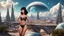 Placeholder: Photorealistic, full Body Photo Of An Exotic Sci-Fi Pin-Up Girl, With dark Hair with Bangs, on an alien Planet With Cloud Trees, Tall Spires, Buildings, Bridges, Arches