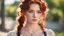 Placeholder: (masterpiece, best quality), 1girl, collarbone, wavy hair, looking at viewer, blurry, upper body, necklace, suspenders, floral print, ponytail, freckles, red hair, sunlight,