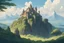 Placeholder: Nature,castle in the horizon ,mountain, ghibli style