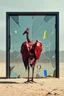 Placeholder: vibrant artwork featuring a red mechanical vulture made of scrap metal rearing against an arafed damaged glass door with frame standing in the middle of a desert, amazing reflections, amazing verticals, dramatic, dynamic, anxiety vibe, background is a blend of gray tones and random splinter glitch fragments in cobalt blue and yellow, creating an unnerving atmosphere