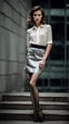 Placeholder: beautiful anorexic secretary, total shot, short silver satin skirt, nylons, semitransparent silver shirt, short brunette wavy bob hair, blurred concrete background