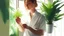 Placeholder: Woman holding a plant in the sunshine, interior, white shirt, instagram. digital painting. front. model.